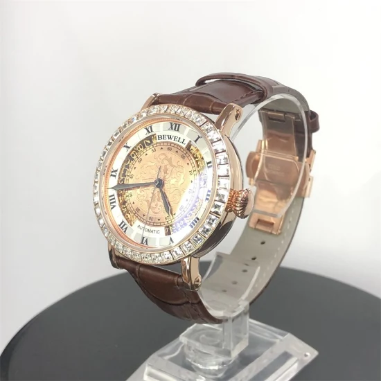 Comercio al por mayor Bewell Diamante de alta calidad mecánico para hombre Relojes de aleación de zinc de oro Logotipo personalizado Correa de cuero genuino Reloj automático para hombres